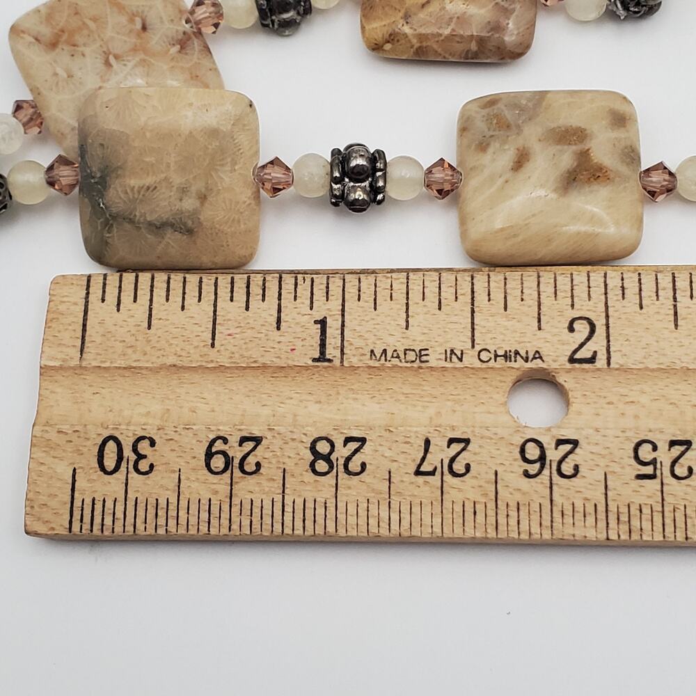 Artisan Hand Crafted Fossil Petoskey Stone Crystal Silver Tone Necklace 18" - Picture 9 of 10